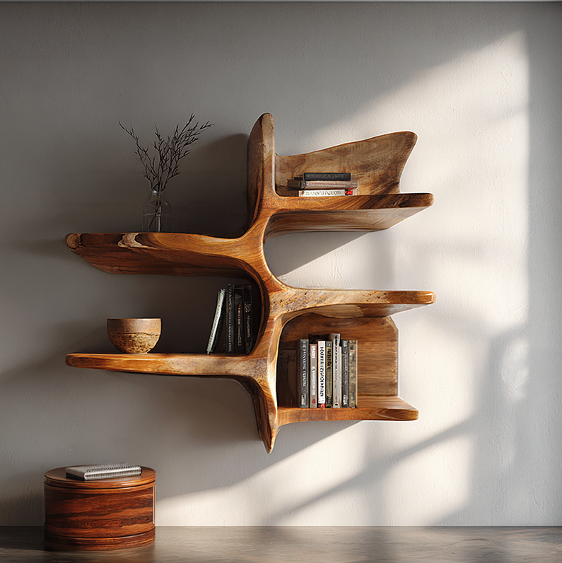 Sculptural Solid Wood Wall Bookshelf with Organic Branch Design