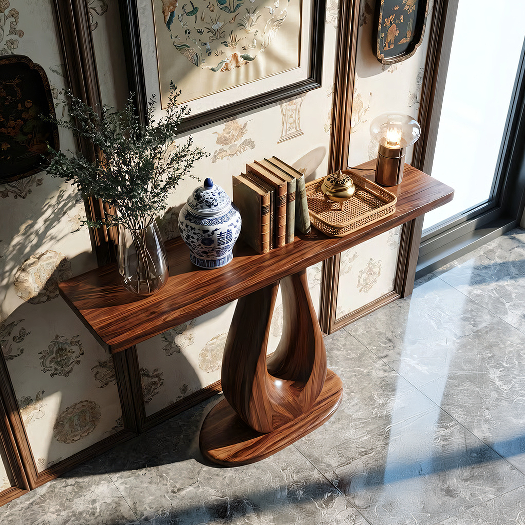 Sculptural Solid Wood Console Table with U-Shaped Pedestal Base