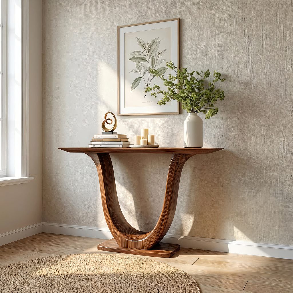 Curved U-Base Solid Wood Console Table for Modern Interiors