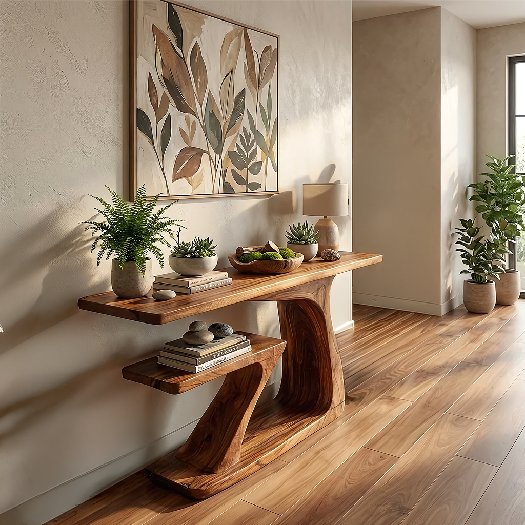Two-Tier Solid Wood Console Table with Sculpted Z Base