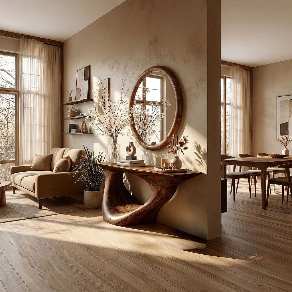 Organic Sculpted Solid Wood Console Table with Architectural Base