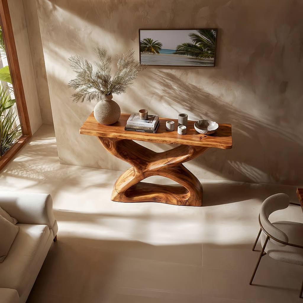 Handcrafted Natural Wood Console Table with Sculpted Base