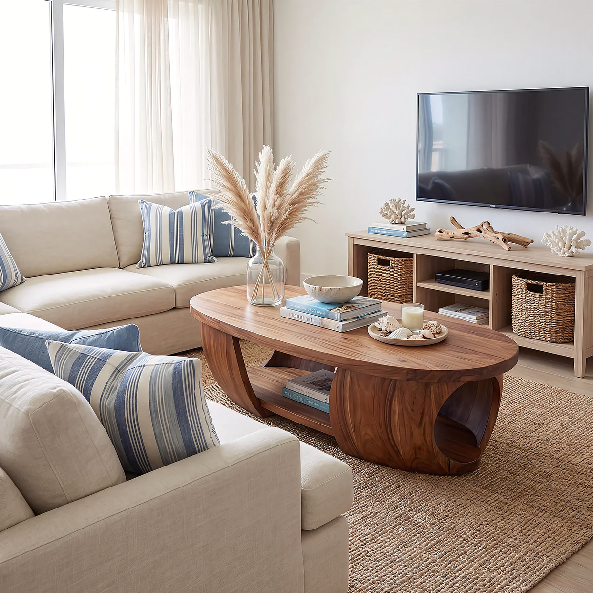 Solid Wood Oval Coffee Table with Sculptural Base