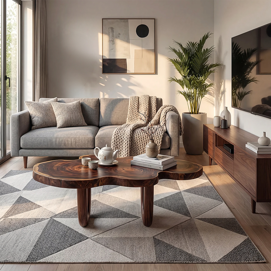 Sculptural Solid Wood Coffee Table with Curved Base
