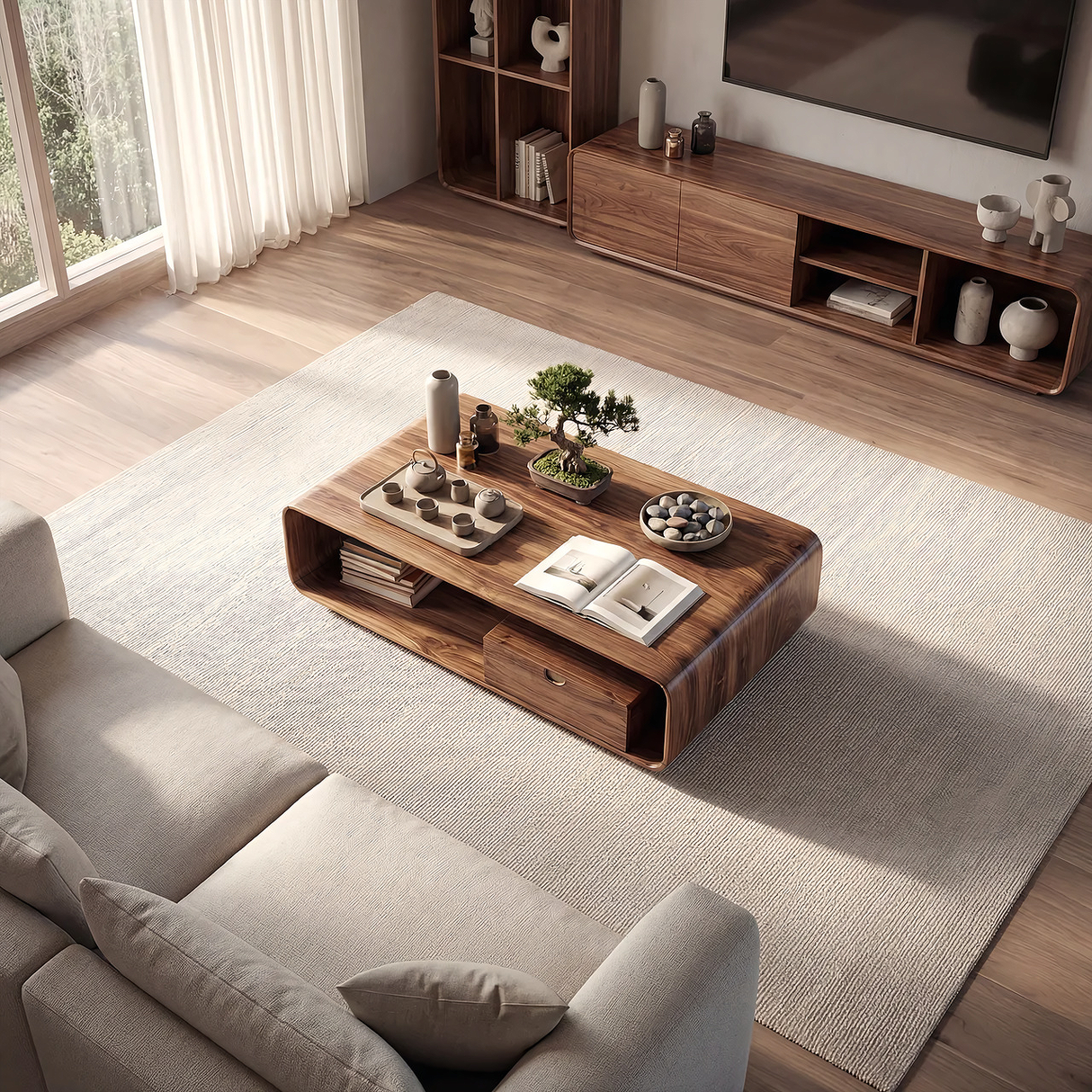Modern Solid Wood Coffee Table with Storage Drawer