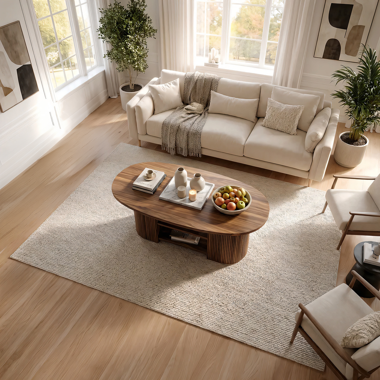 Fluted Oval Solid Wood Coffee Table with Shelf