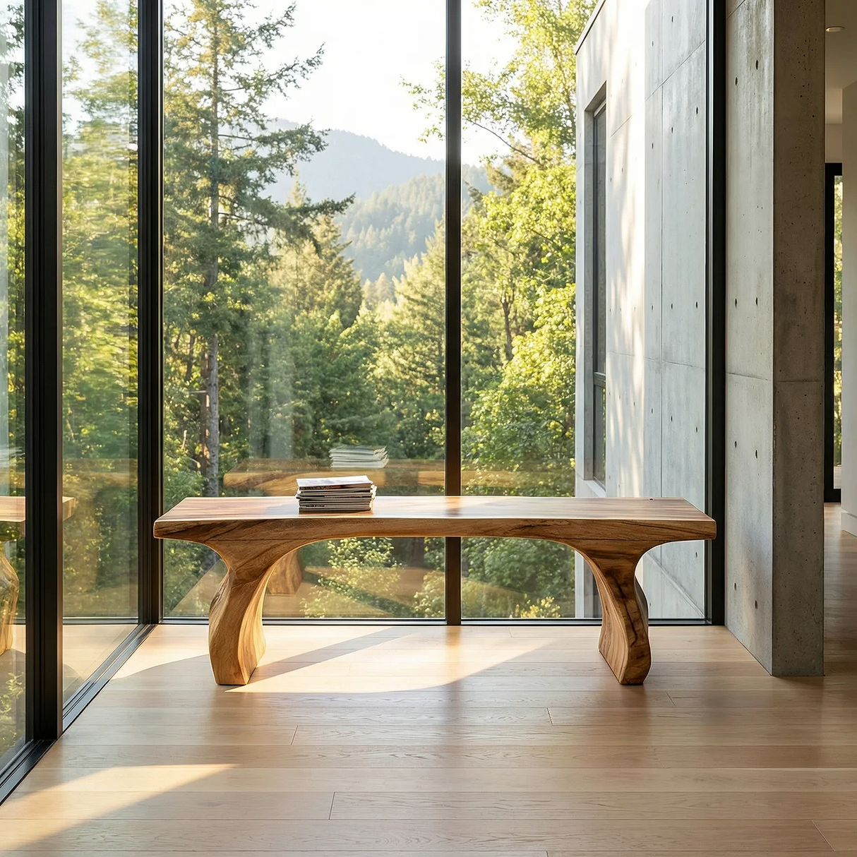 Organic Curved Solid Wood Bench for Minimalist Interior Seating