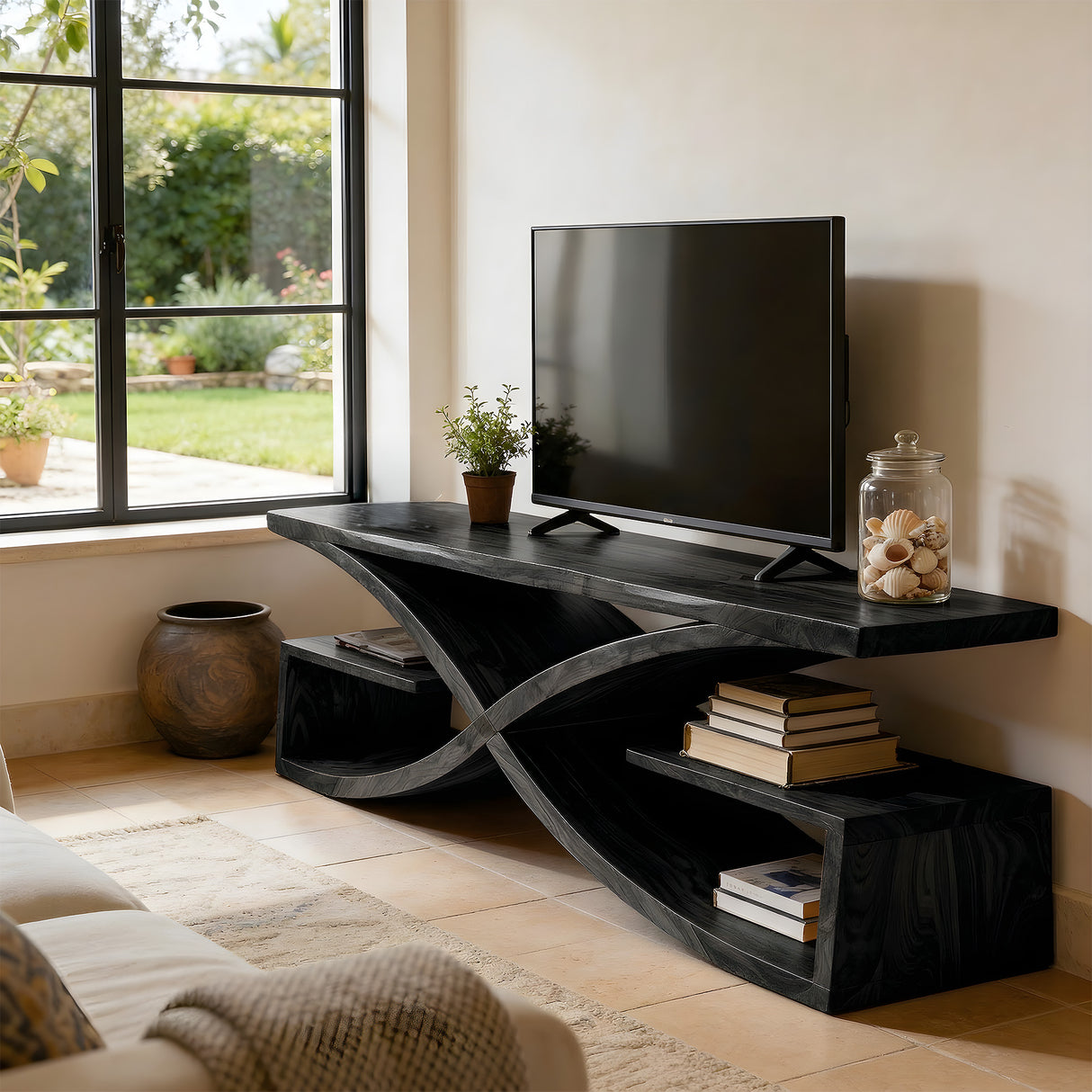 Sculptural Solid Wood TV Console with Curved Base