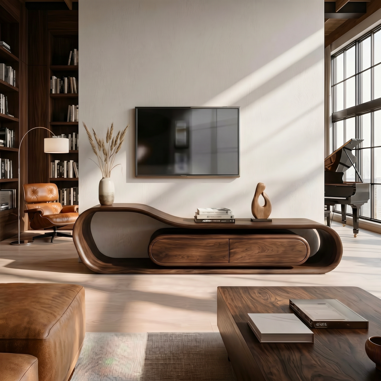 Flowing Organic Solid Wood TV Stand with Rounded Storage Drawers
