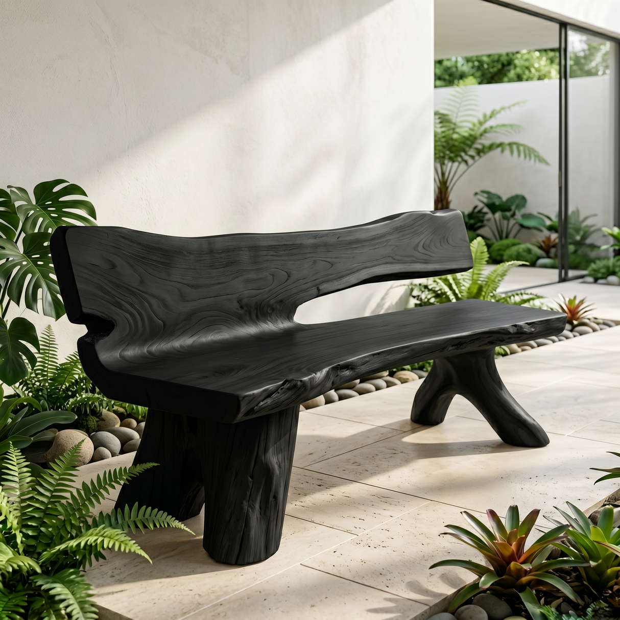 Solid Wood Outdoor Bench with Live Edge Backrest for Garden Seating