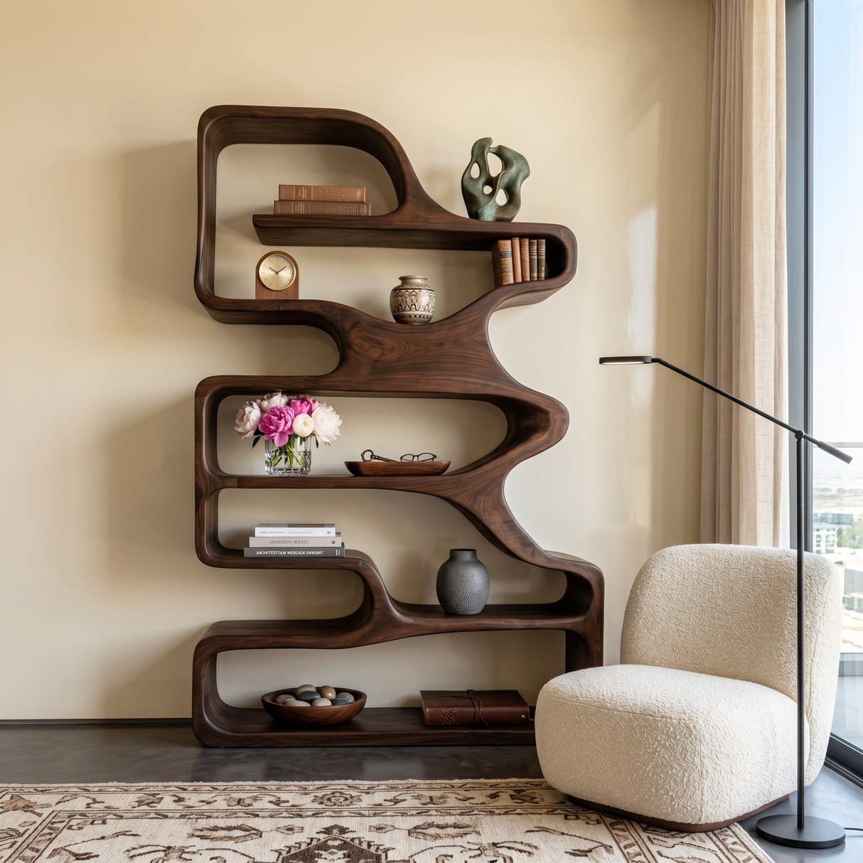 Organic Solid Wood Bookshelf with Flowing Open Shelves