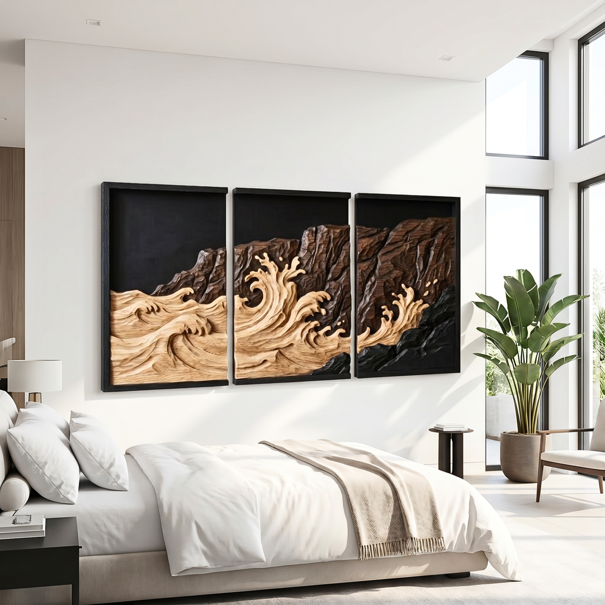 Wooden Cliffside Wave Triptych Wall Sculpture