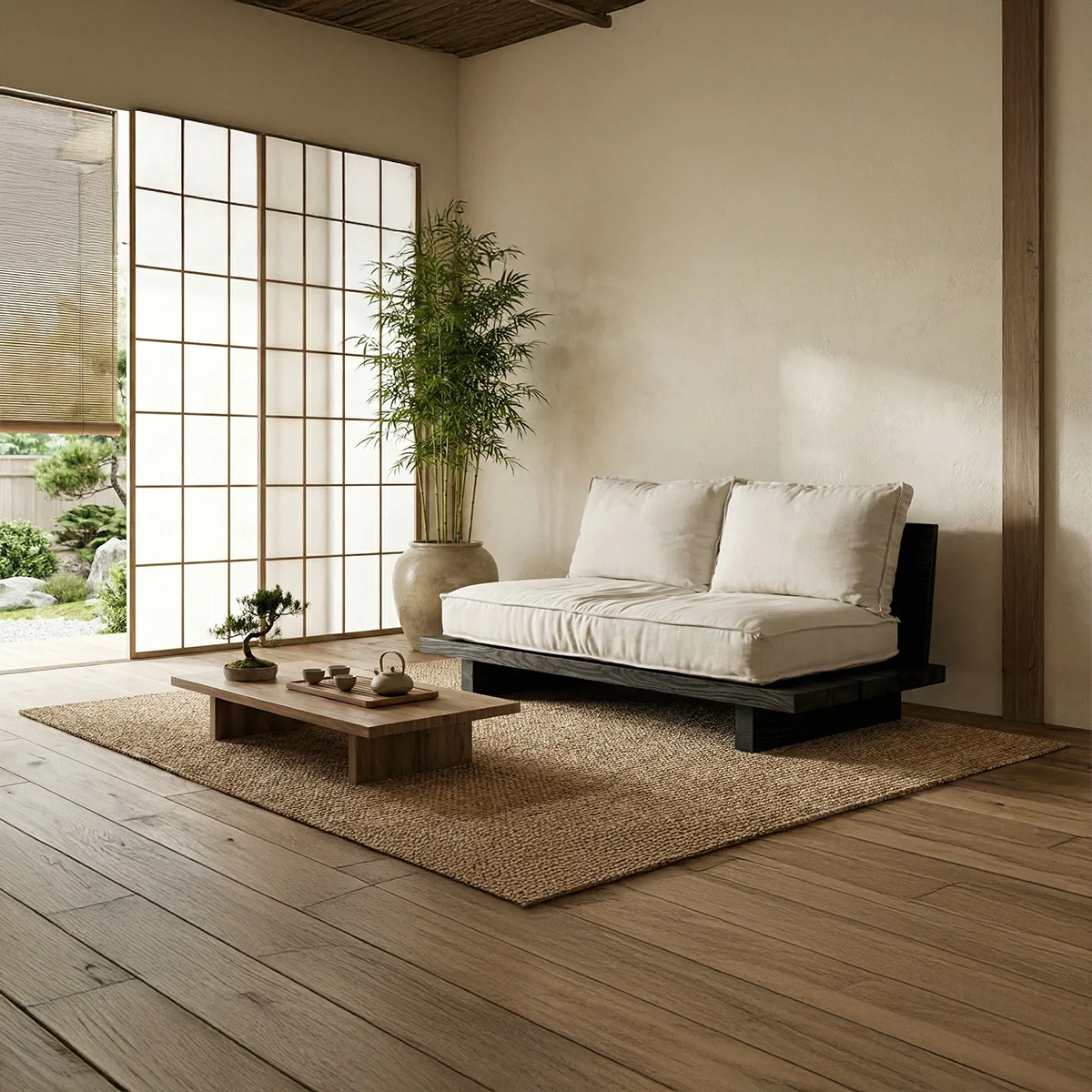 Minimalist Solid Wood Platform Sofa Japanese Style Low Floor Couch with Cushions