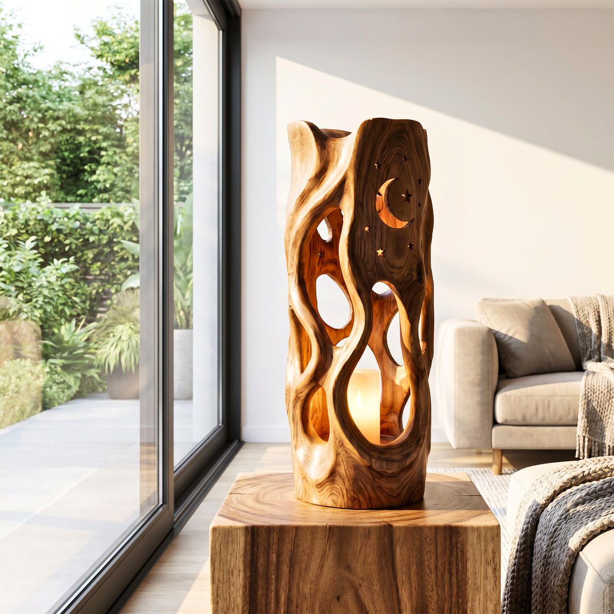 Moonlit Cutout Wood Floor Lamp with Warm Glow
