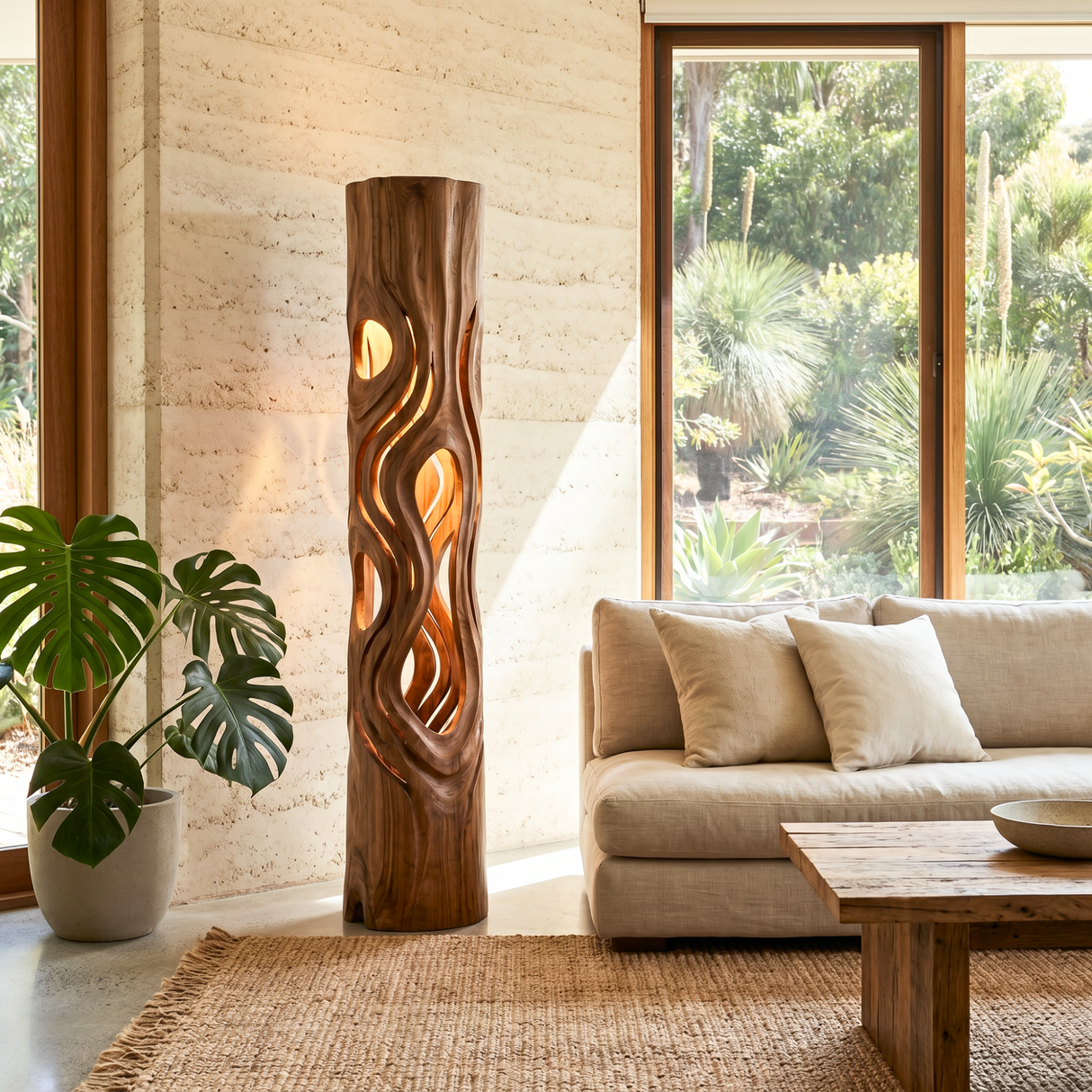 Handcrafted Wood Floor Lamp with Flowing Cutout Design and Soft Interior Glow