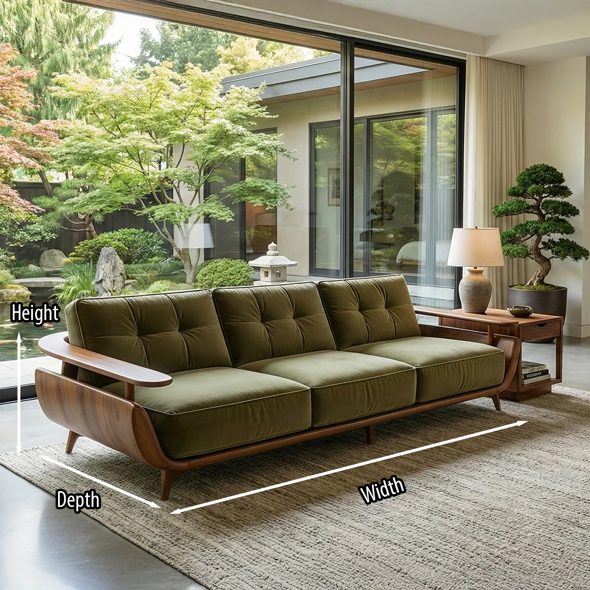 Walnut Frame Sofa with Green Cushions for Mid-Century Modern Living