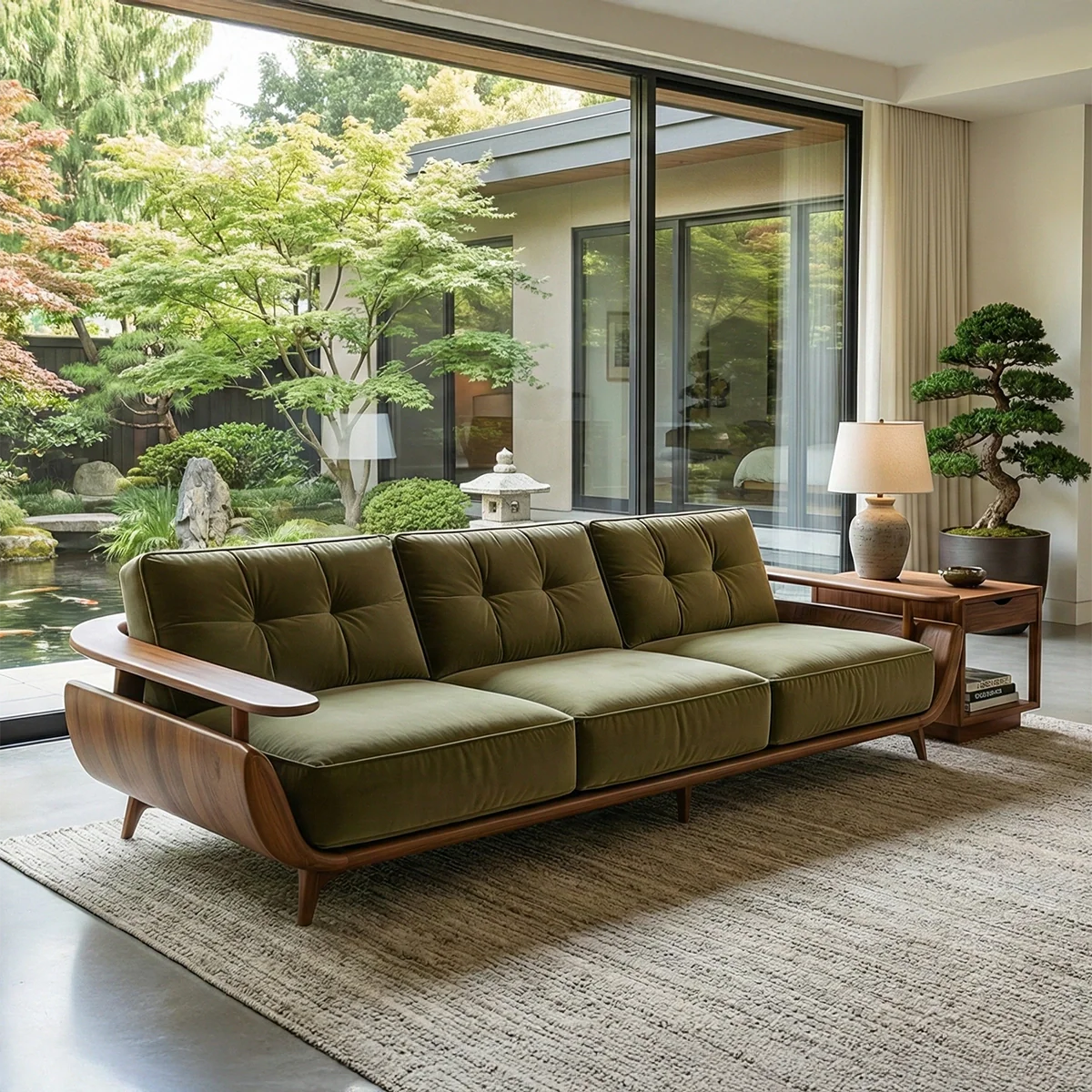 Walnut Frame Sofa with Green Cushions for Mid-Century Modern Living