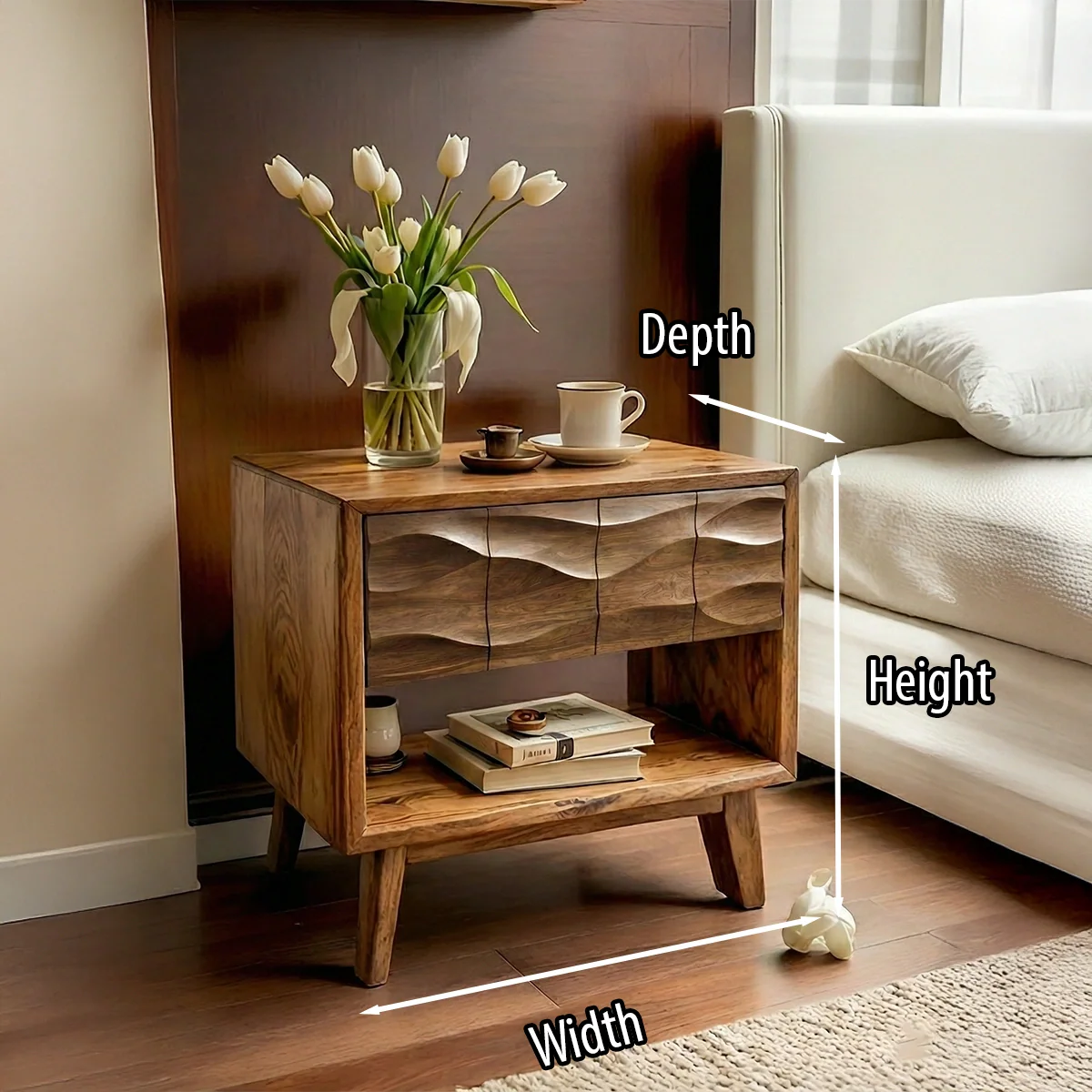 Handcrafted Solid Wood Nightstand with Wave Drawer & Shelf