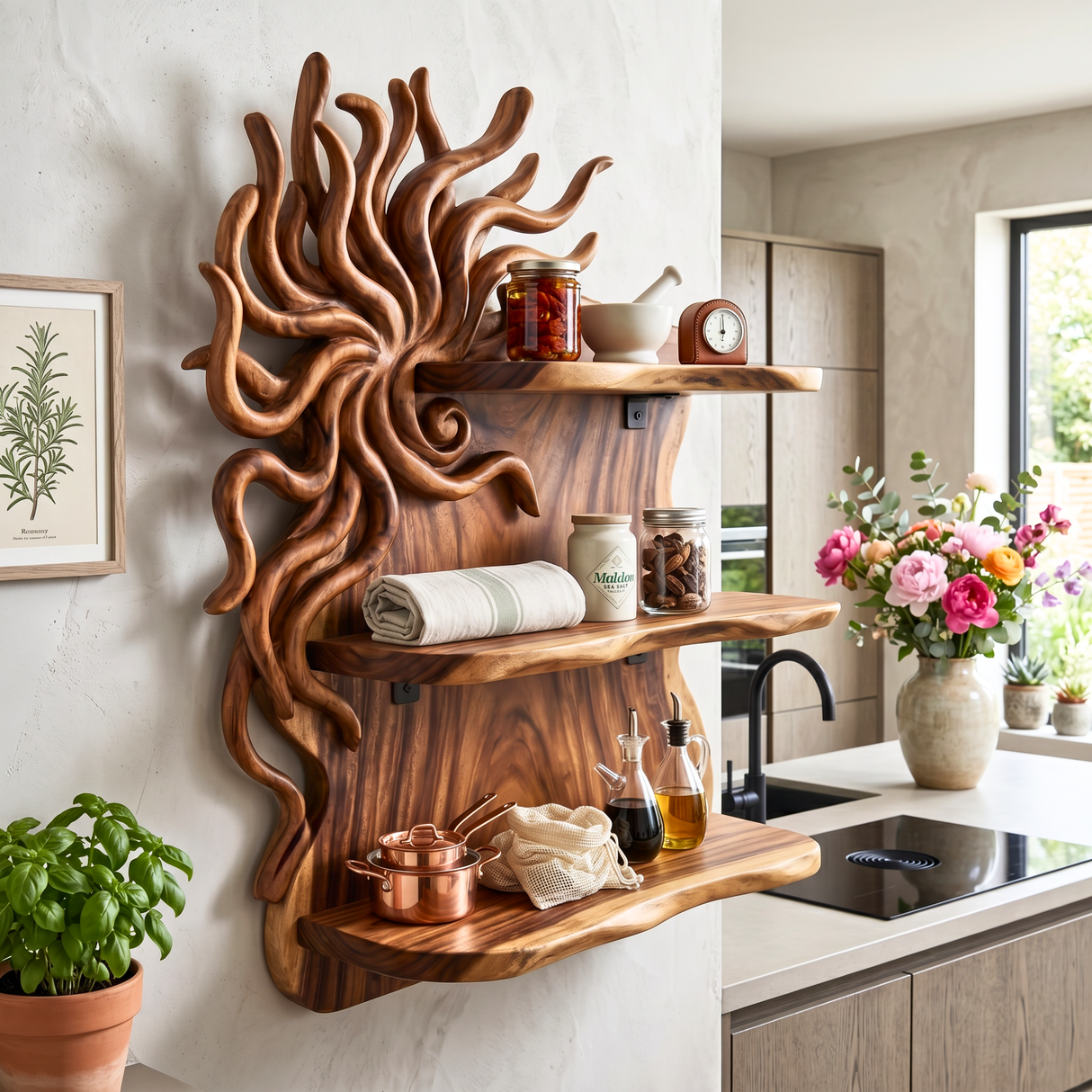 Organic Sunburst Wood Wall Shelf for Bathroom Storage