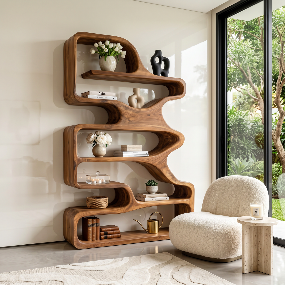 Organic Solid Wood Bookshelf with Flowing Open Shelves