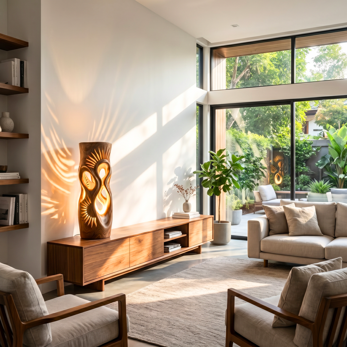 Radiant Sunbeam Wood Table Lamp with Organic Cutouts