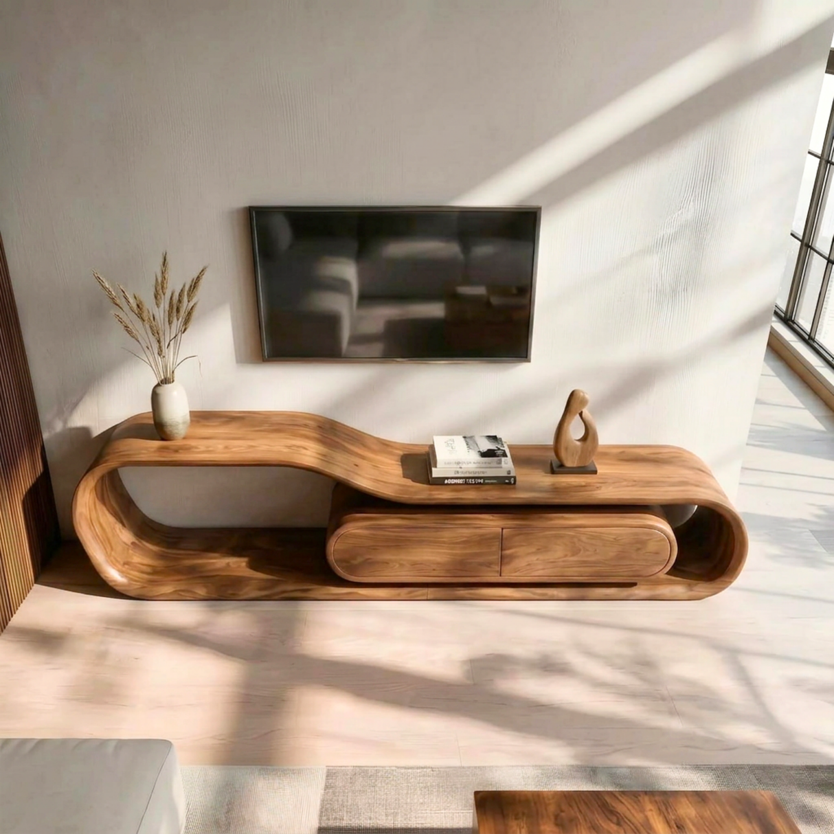 Flowing Organic Solid Wood TV Stand with Rounded Storage Drawers
