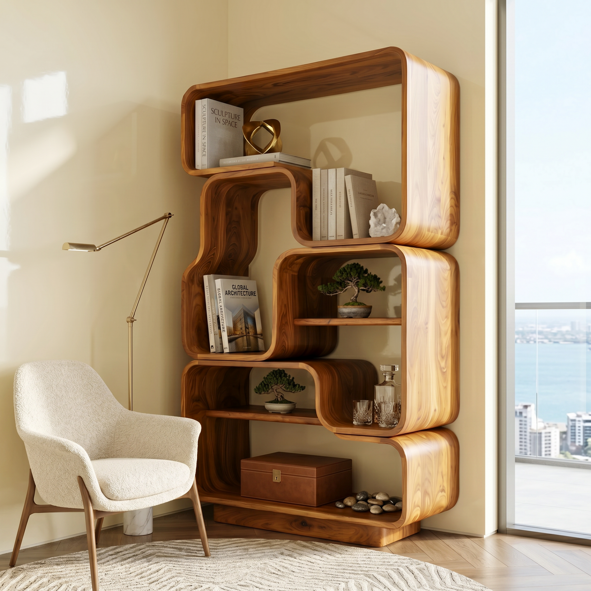 Organic Solid Wood Bookshelf with Stacked Rounded Compartments