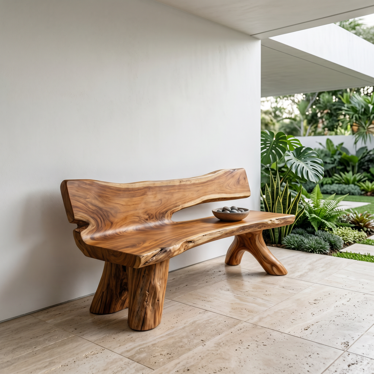 Solid Wood Outdoor Bench with Live Edge Backrest for Garden Seating