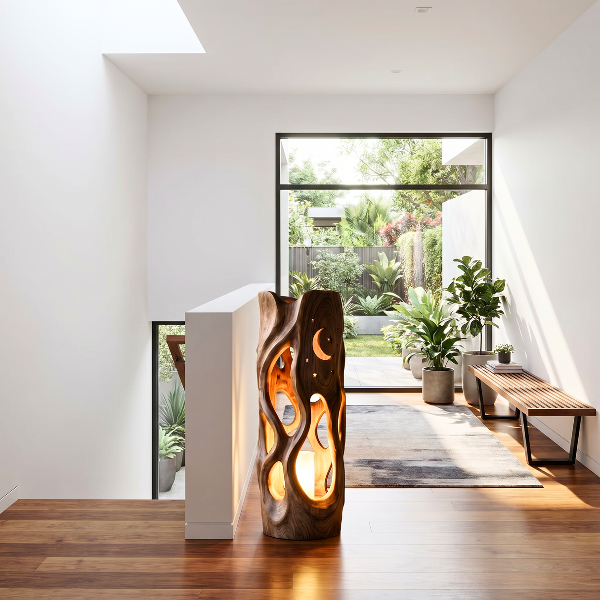 Moonlit Cutout Wood Floor Lamp with Warm Glow