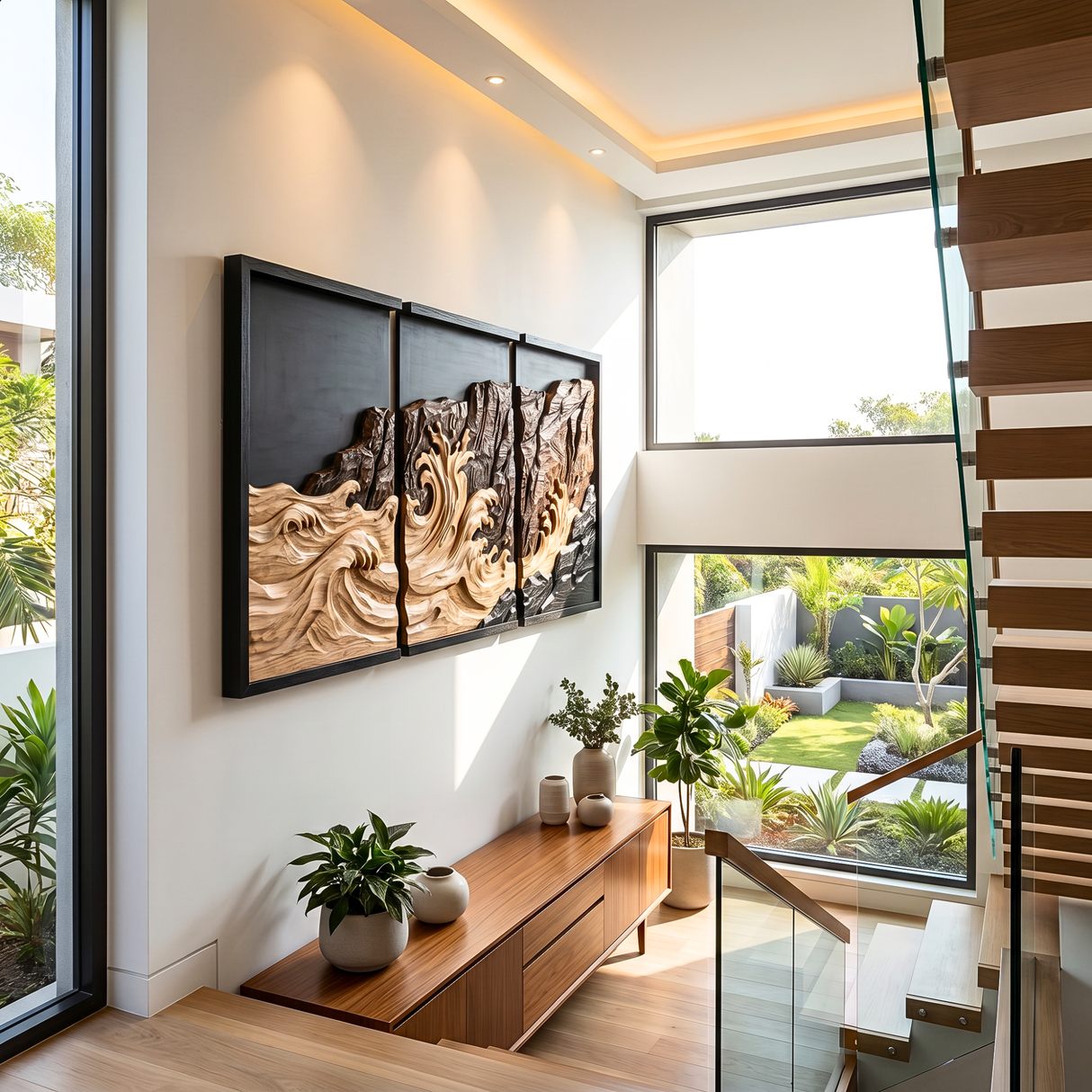 Wooden Cliffside Wave Triptych Wall Sculpture