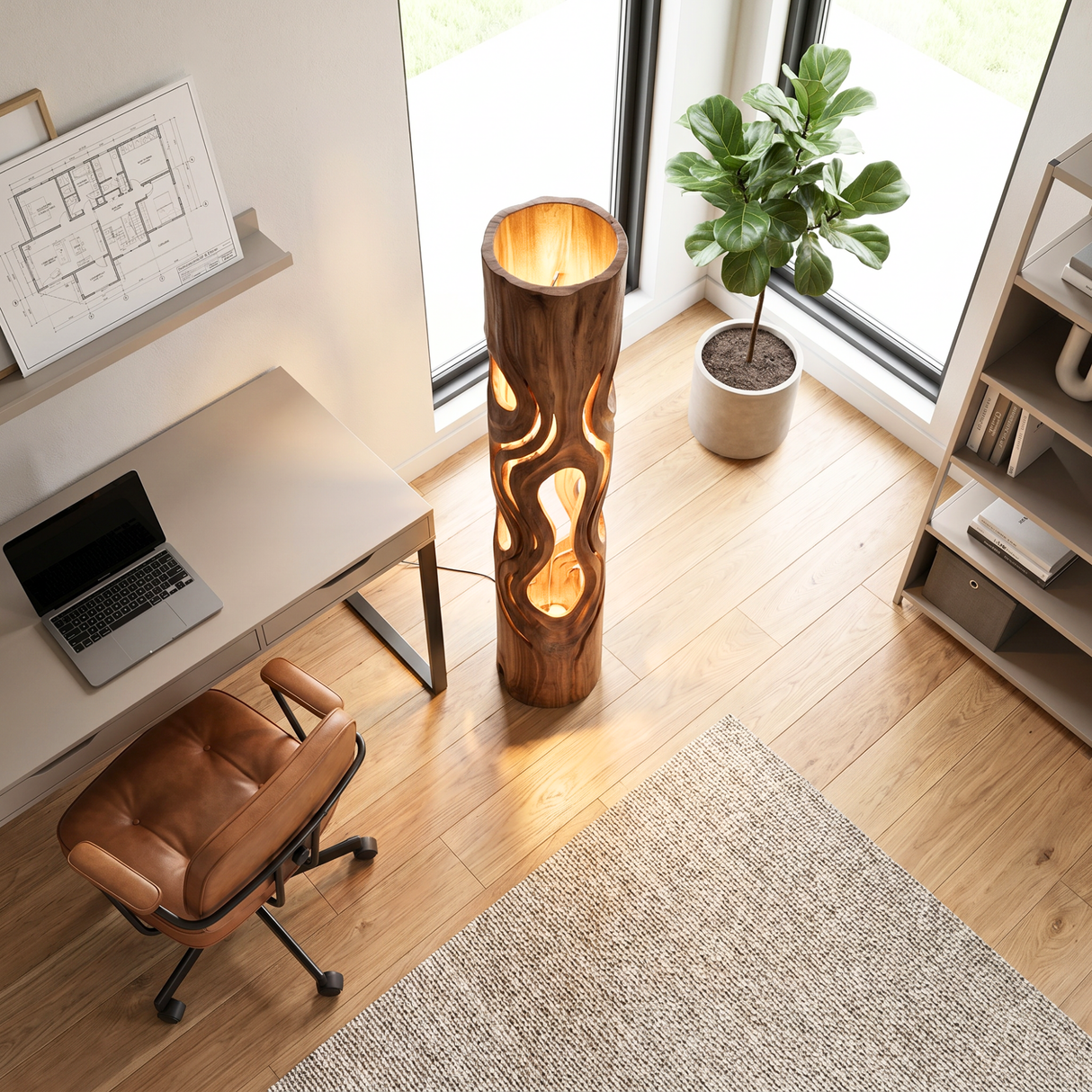 Handcrafted Wood Floor Lamp with Flowing Cutout Design and Soft Interior Glow