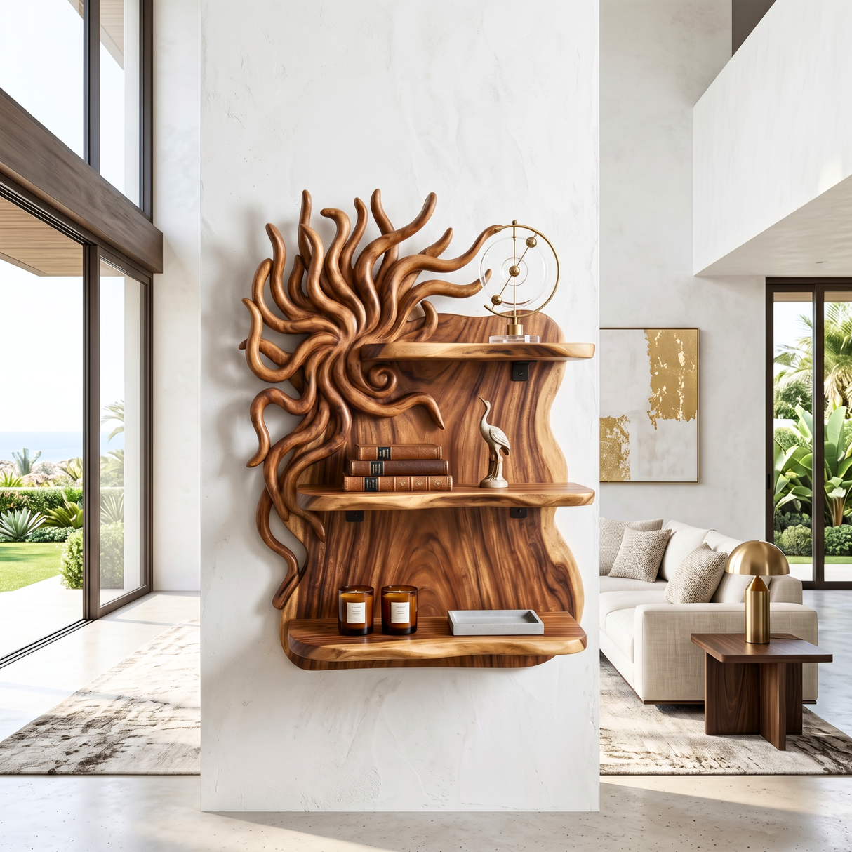 Organic Sunburst Wood Wall Shelf for Bathroom Storage