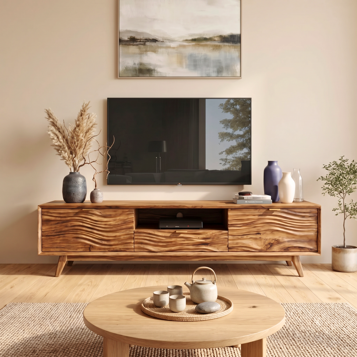 Solid Wood TV Stand with Wave Carved Doors and Mid-Century Legs