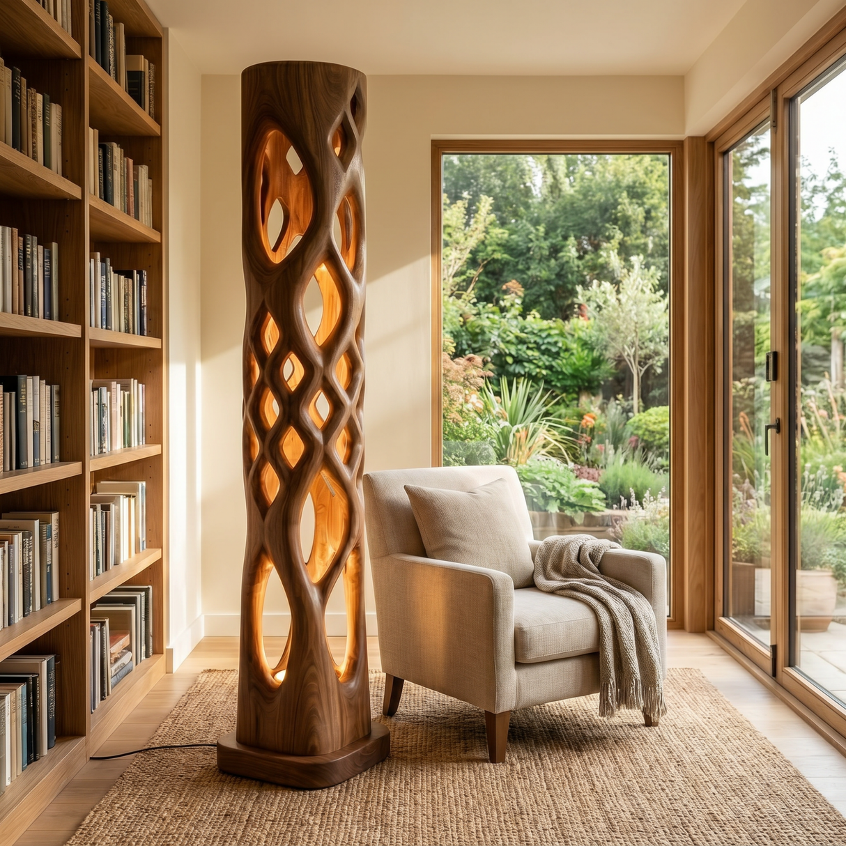 Solid Wood Column Floor Lamp with Lattice Cutout Design and Warm Inner Glow