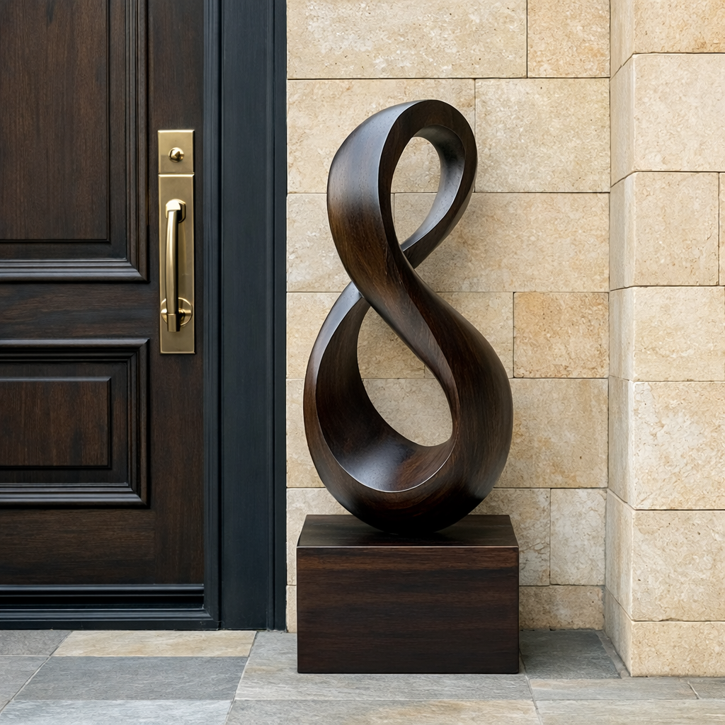 Tall Solid Wood Infinity Loop Sculpture with Plinth for Modern Spaces