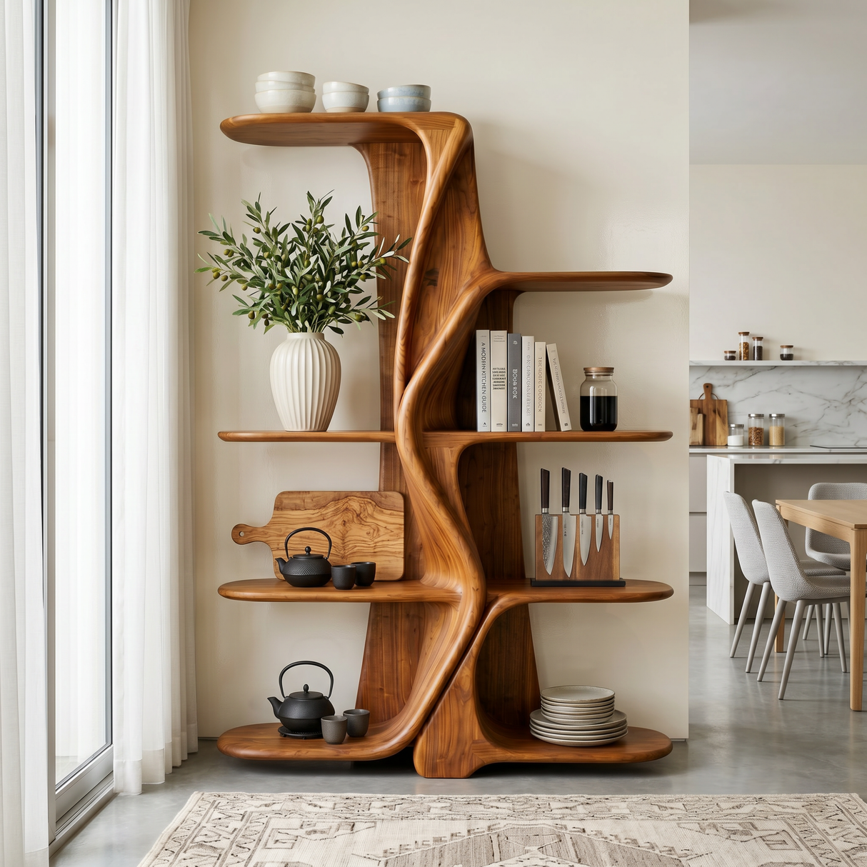 Organic Solid Wood Kitchen Display Shelf with Flowing Center Support