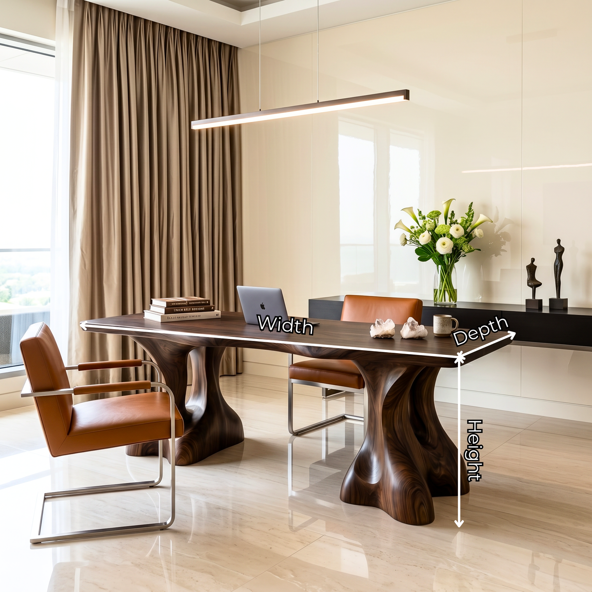 Organic Solid Wood Desk with Sculptural Twin Pedestal Base