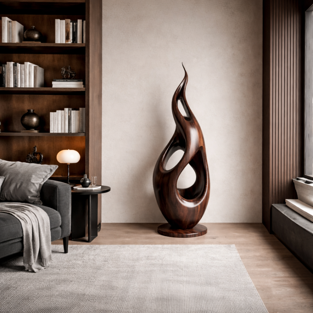 Modern Solid Wood Sculpture with Carved Openings for Interior Display
