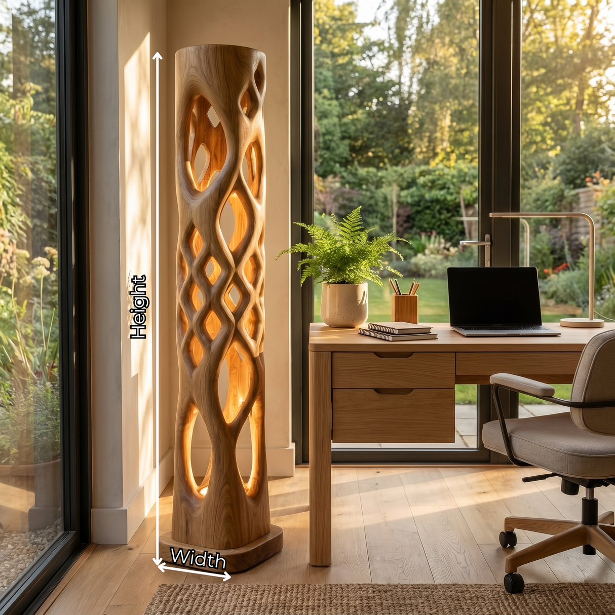 Solid Wood Column Floor Lamp with Lattice Cutout Design and Warm Inner Glow