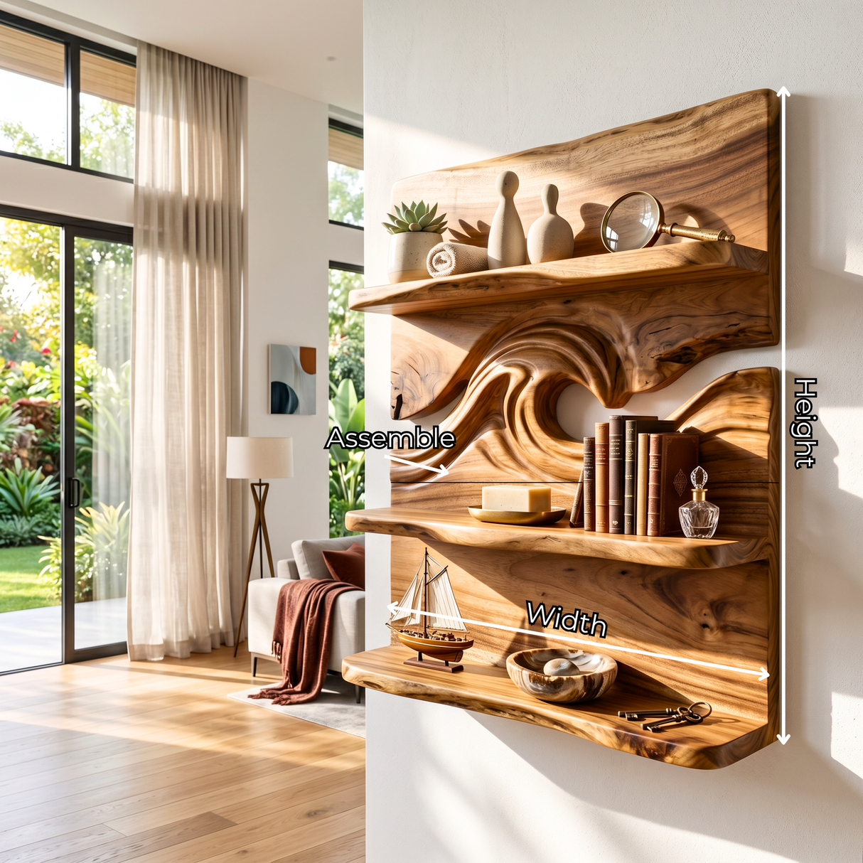 Ocean Wave Wood Wall Shelf with Three Display Tiers