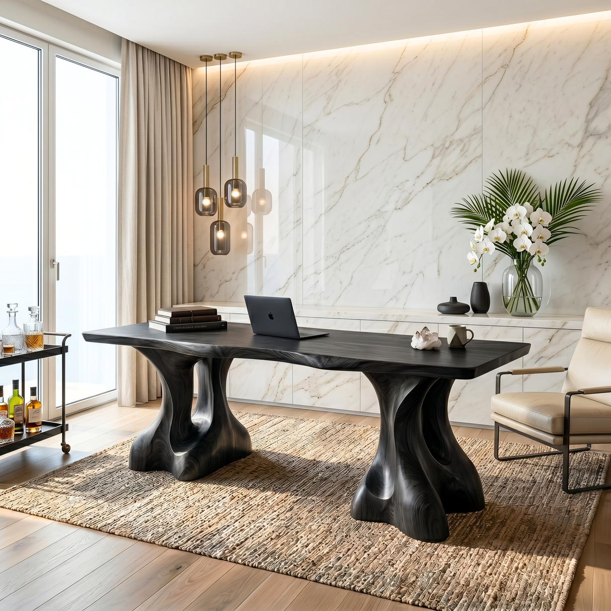 Organic Solid Wood Desk with Sculptural Twin Pedestal Base