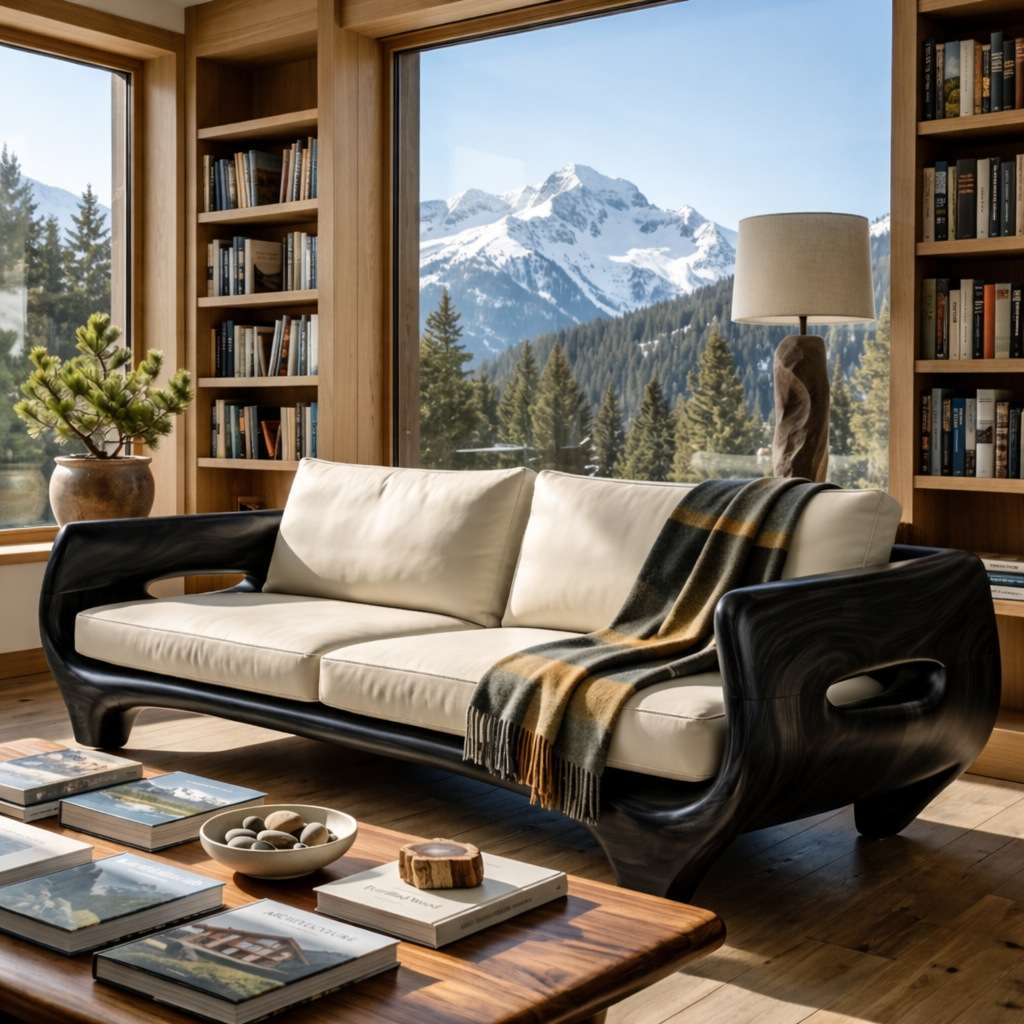 Solid Wood Sofa with Sculptural Panel Arms for Reading Room and Library Interior