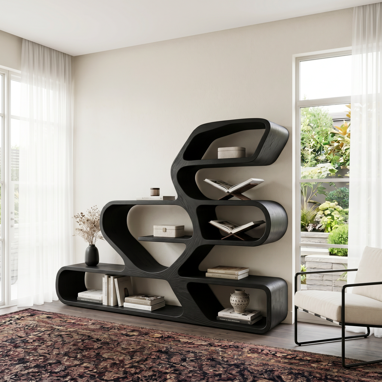 Organic Solid Wood Bookshelf with Flowing Freeform Shelves