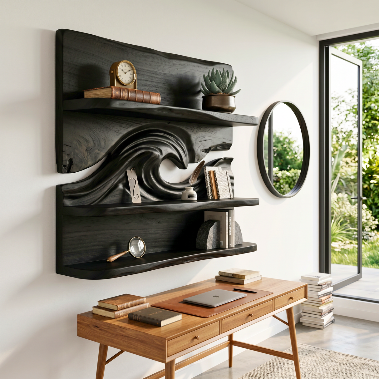 Ocean Wave Wood Wall Shelf with Three Display Tiers