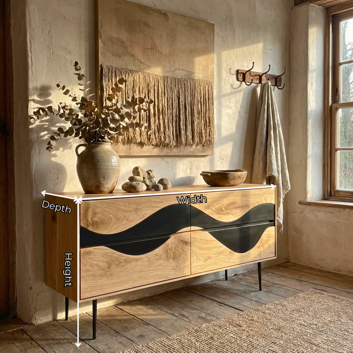Wave Front Sideboard Cabinet with Sculptural Contrast, Modern Storage Credenza