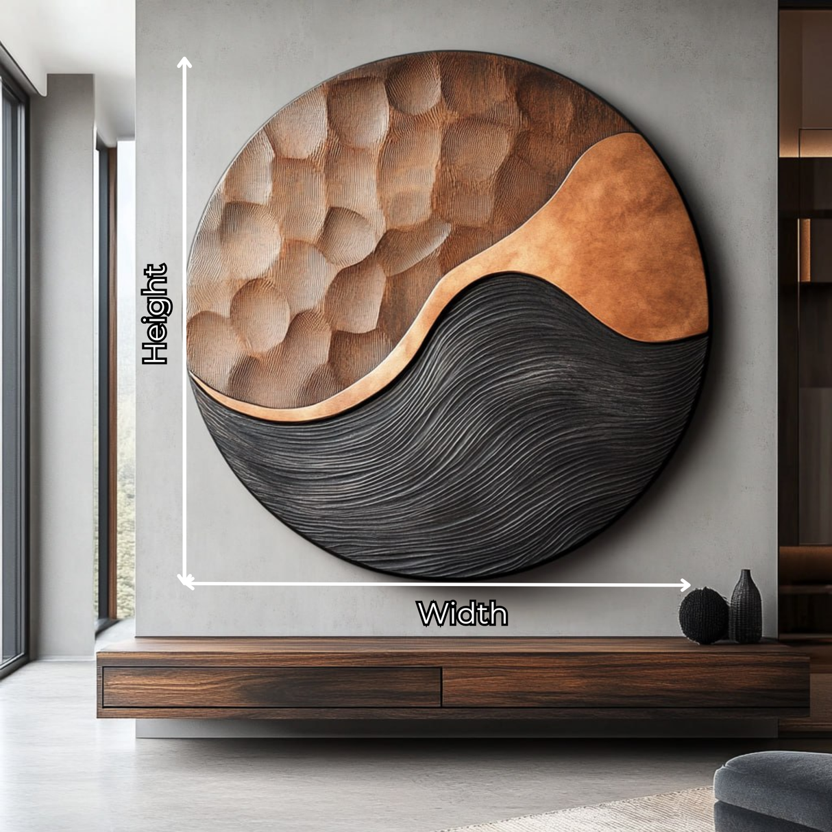 Handcrafted Oval Wood Wall Art with Black Wave Texture and Carved Mosaic Relief