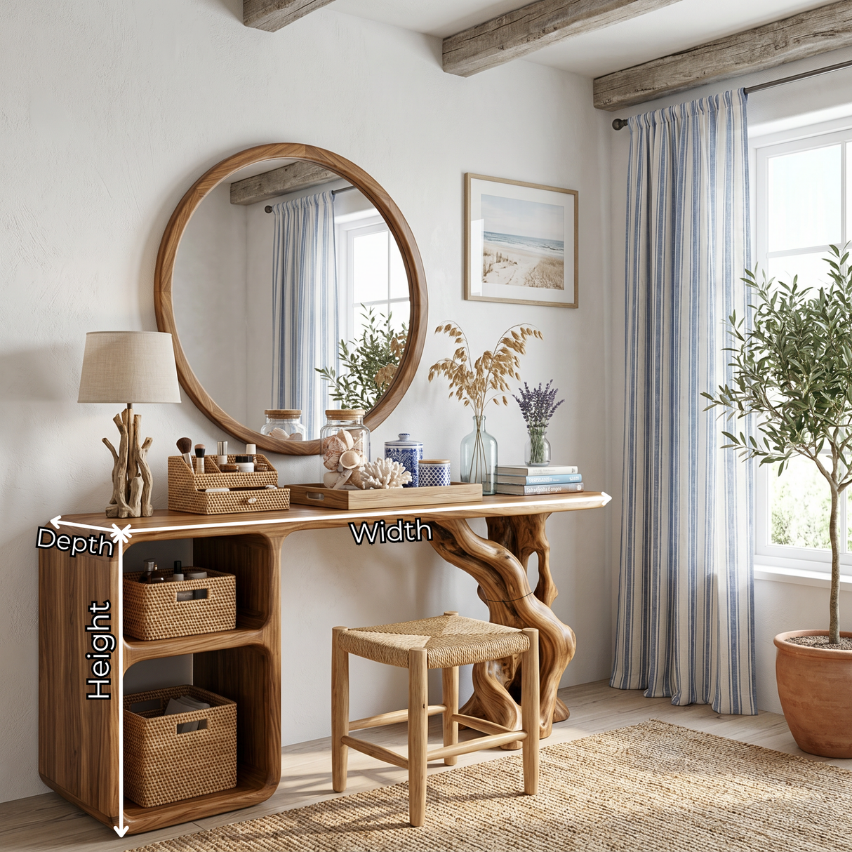 Sculptural Solid Wood Vanity Table with Organic Carved Base and Open Shelf Storage