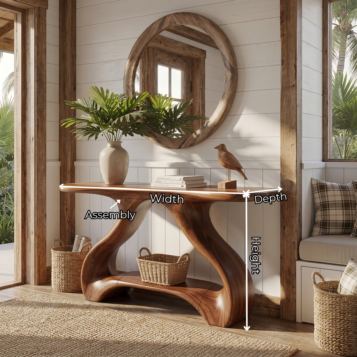 Organic Solid Wood Console Table with Sculptural Shelf Base