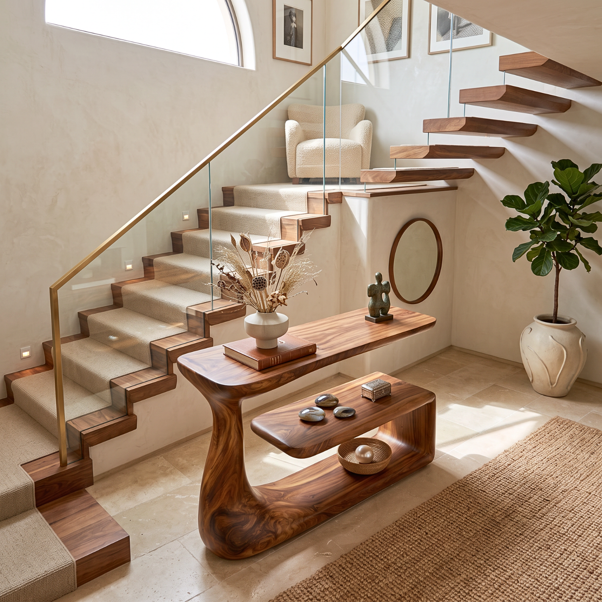 Console Table with Organic Curved Frame and Open Display Shelf