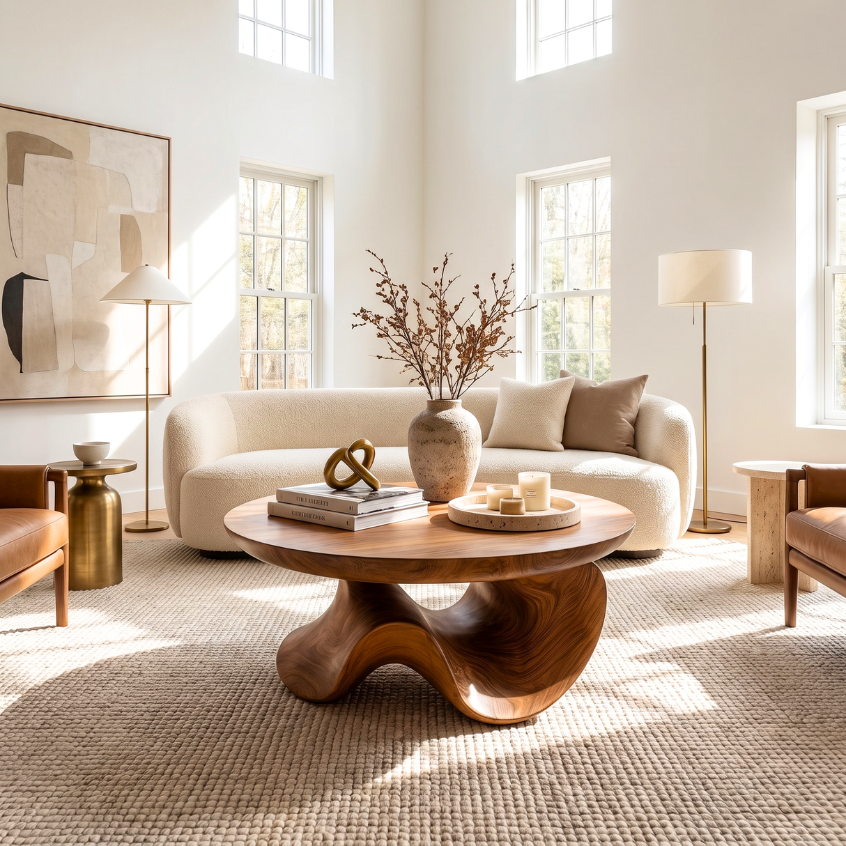 Coffee Table Solid Wood with Sculptural Organic Arch Base for Living Room